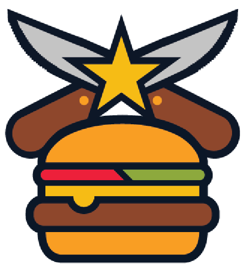 Eat This Beef burger, crossed knives, and gold star
