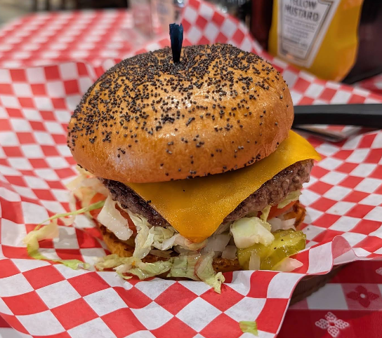 Chip’s burger on red checkered paper