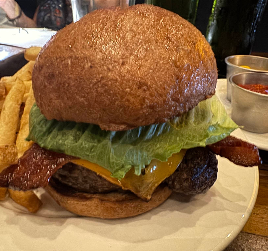 Harvest burger with fries on the left